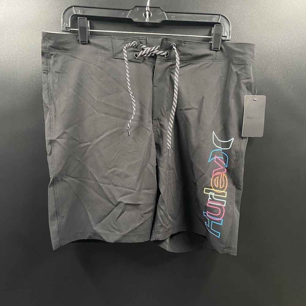 Hurly‎ Men's 8" Crossover Broad Shorts Black with Logo Tie Front Size 32 NWT